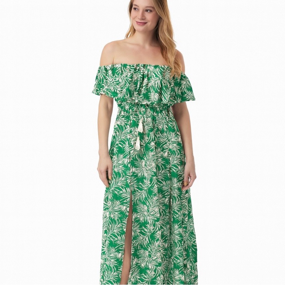 Leafy Green Strapless Maxi Dress